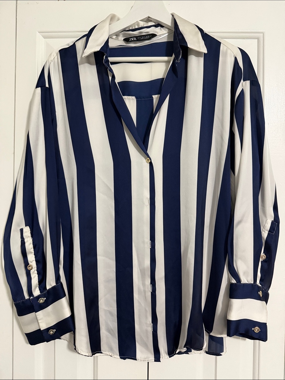 Zara Navy and White Bold Vertical Stripe Button-Down Shirt